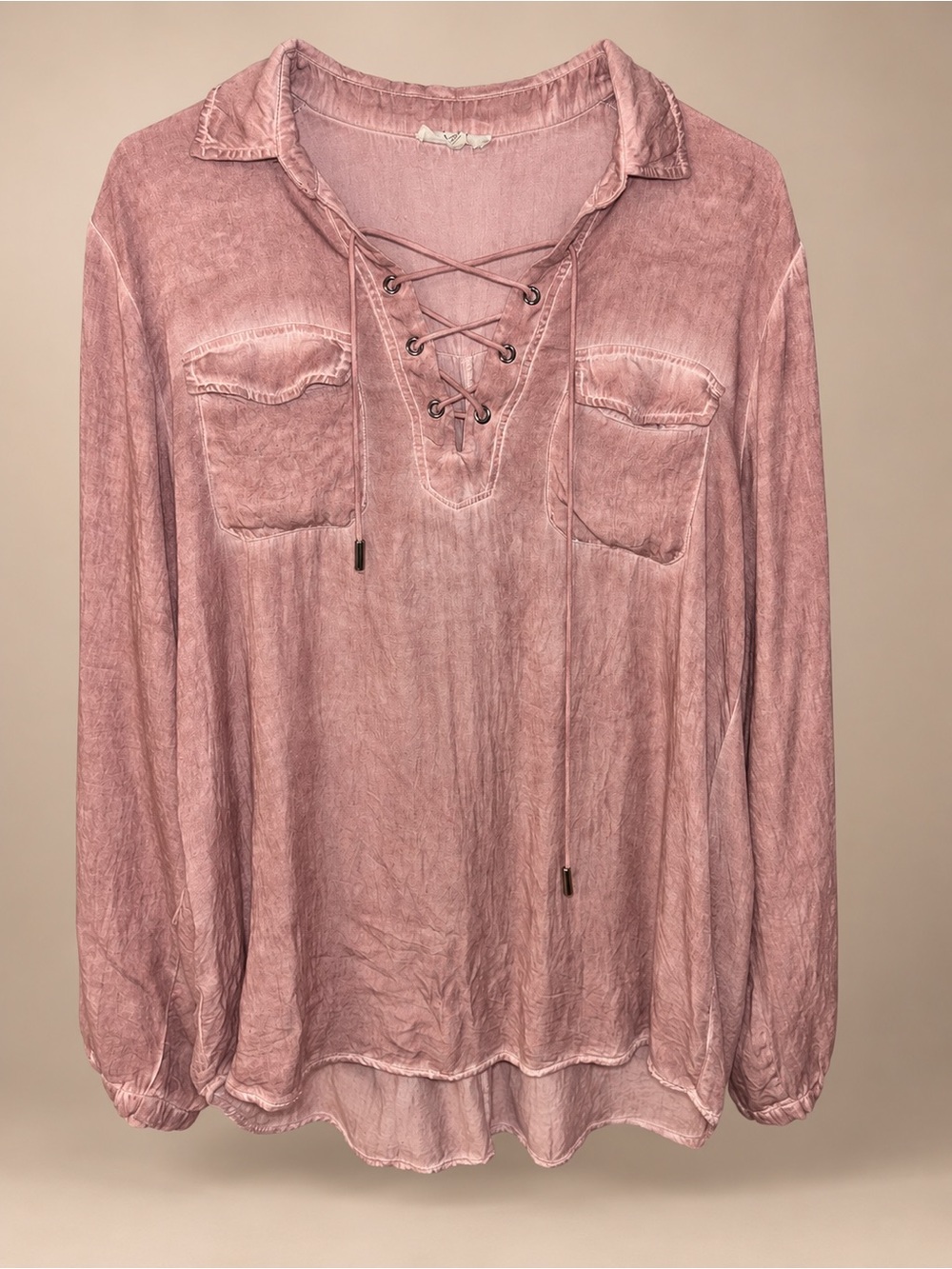 Aritzia Washed Dusty Rose Lace-Up Long Sleeve Blouse